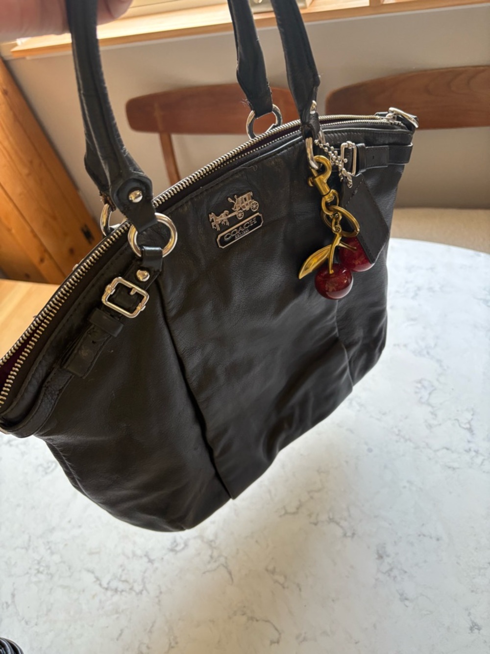 Coach Black Leather Tote Bag with Cherry Charm - Picture 3 of 7